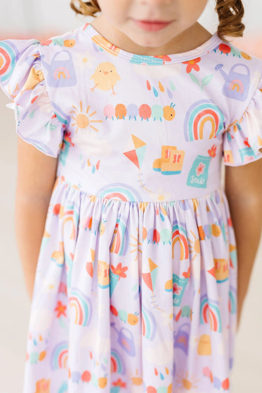 Flutter Sleeve Twirl Dress - Rainy Day