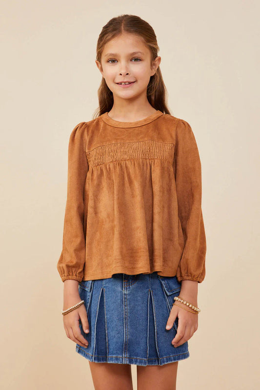 Suede Smocked Top - Camel