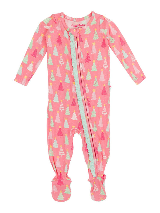 Baby Girls Bamboo Ruffle Footie - Merry Pink Pines