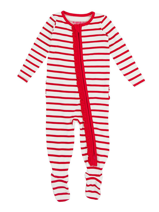 Baby Girls Modal Ruffle Footie - Red  White Stripe