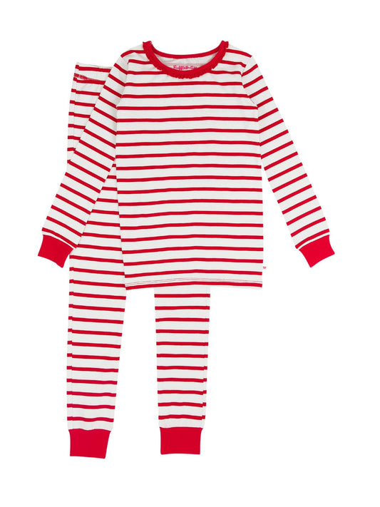 Girls Modal Ruffle Pajamas - Red & White Stripe