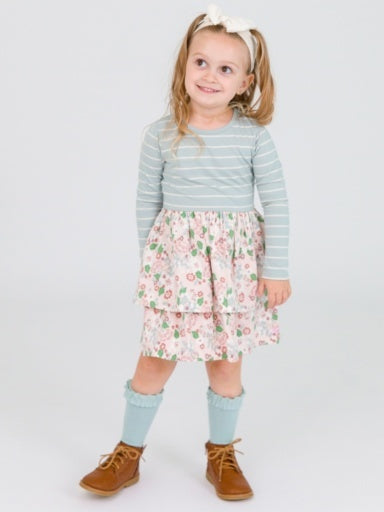 Mix-Print Tiered Dress - Cloud Blue Stripe/Blushing in Pink