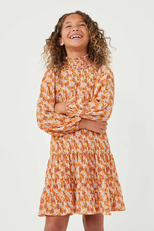 Floral Smocked Puff Sleeve Dress - Rust