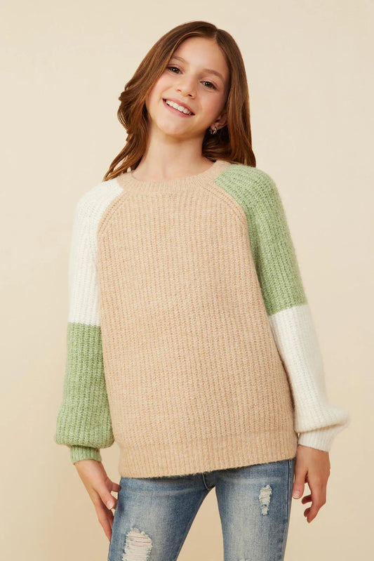 Color Block Sweater - Taupe  Green