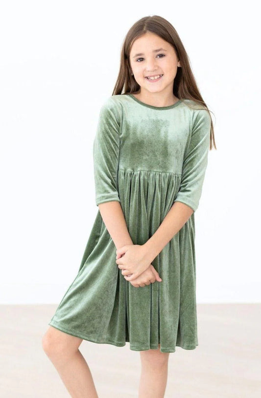 Velvet Twirl Dress - Sage