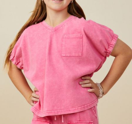 Washed V-Neck Pocket Tee - Pink