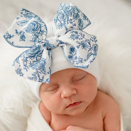 Newborn Hat - Blue Floral Toile Bow