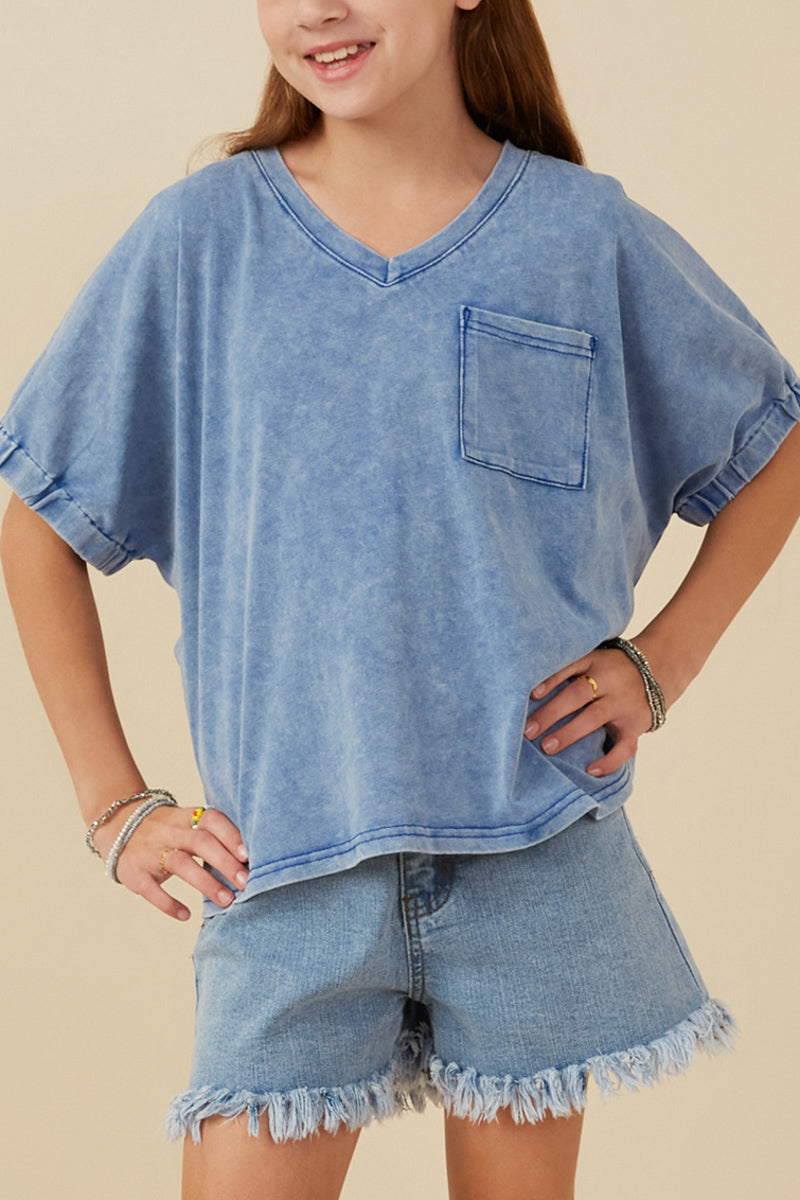 Washed V Neck Pocket Tee - Blue