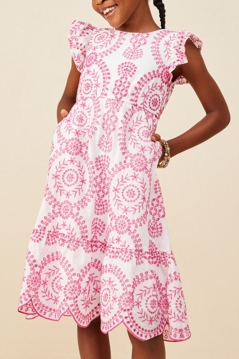 Embroidered Scalloped Hem Dress - Pink