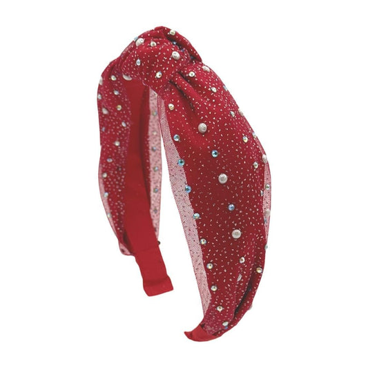 Knot Headband - Red Tulle with Crystals & Pearls