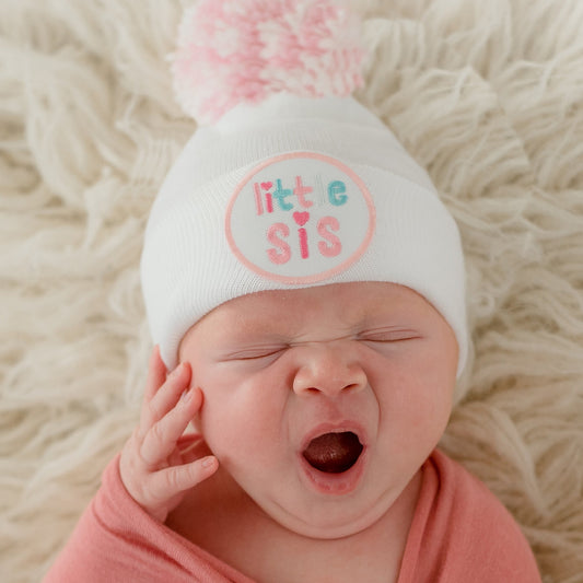 Newborn Hat - White Little Sis with Pom Pom