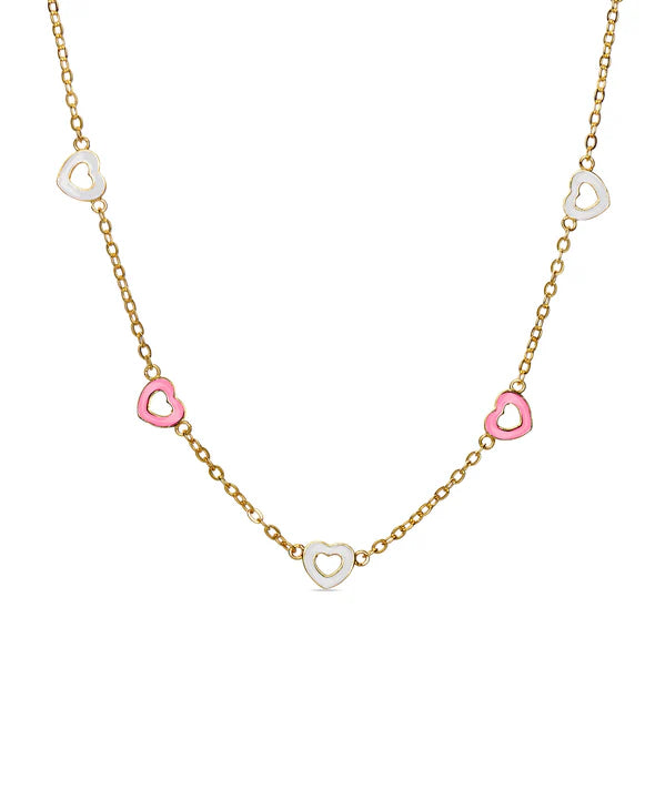 Heart Station Necklace - Pink & White