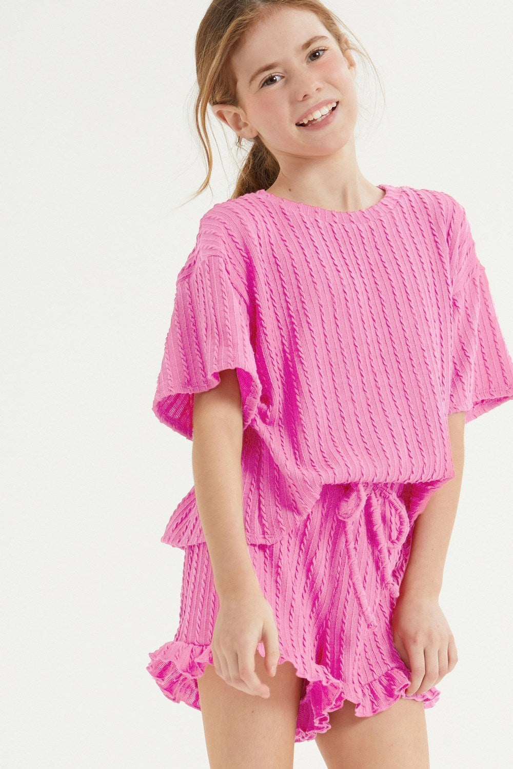 Ribbed Ruffle Short Set - Pink