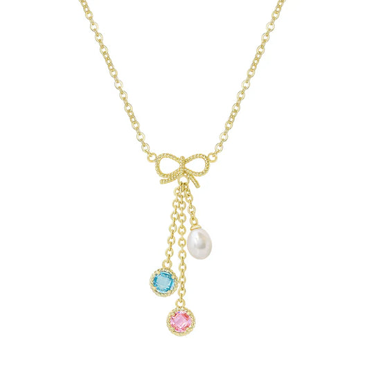 Bow Charms Necklace - CZ & Pearl