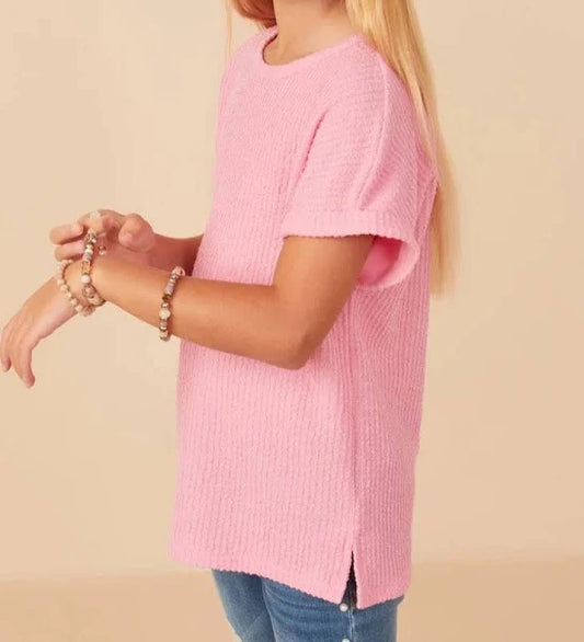 Textured Knit Roll Sleeve Tee - Pink