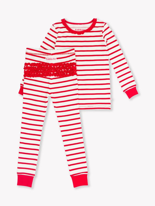 Toddler Girls Modal Ruffle Pajamas - Red & White Stripe