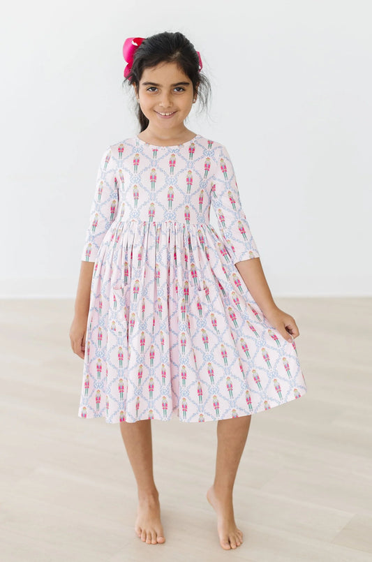 3/4 Sleeve Pocket Twirl Dress - Pink Nutcracker