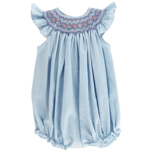 Bishop Romper - Blue Check w/Pink Rosette