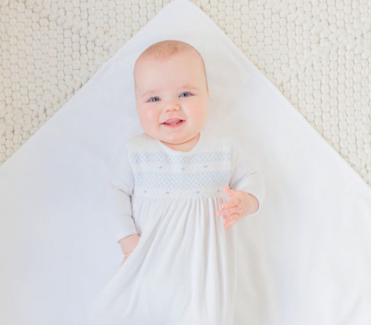 Smocked Bullion Gown w/Hat - White/Blue