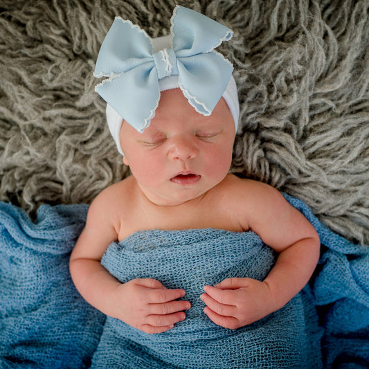 Newborn Hat - White with Baby Blue Scalloped Bow