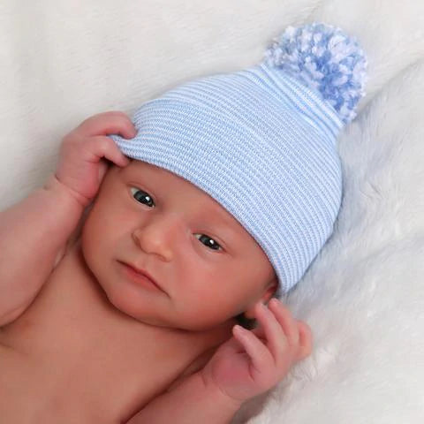 Newborn Hat - Striped Baby Blue Pom Pom