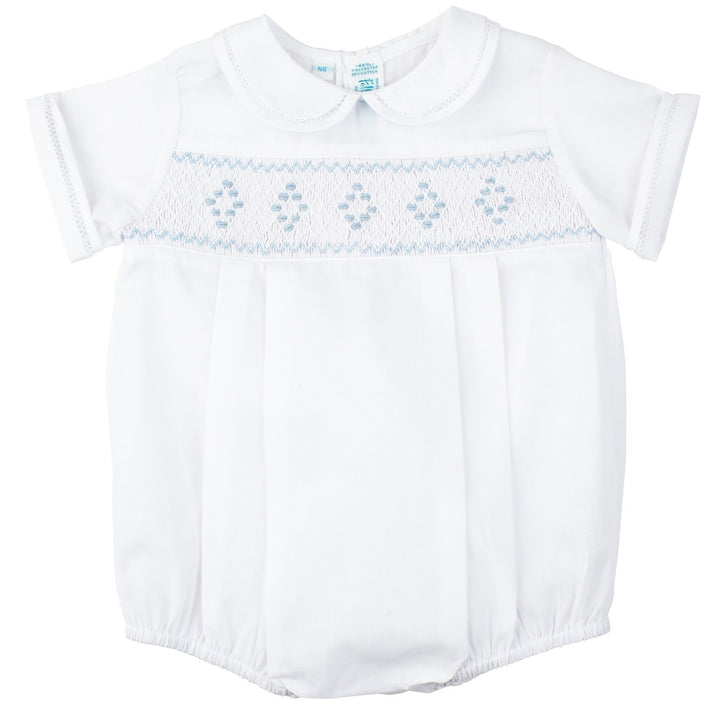 Smocked Embroidered Diamond Creeper - White/Blue