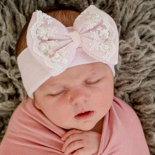 Newborn Headband - Pink with Lace and Pearl Trim