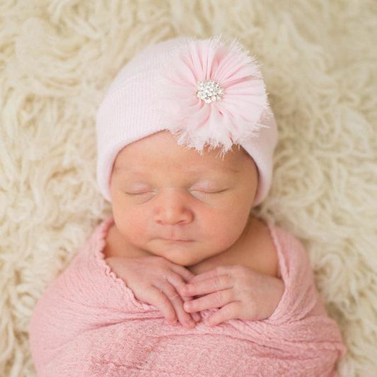 Newborn Hat - Pink with Pink Frayed Flower