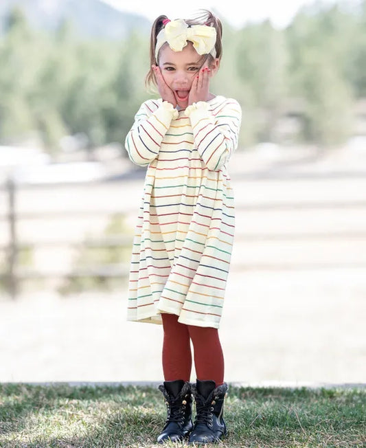 Ruffle Neck Sweater Dress - Rainbow Stripe