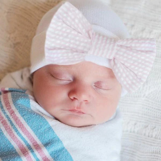 Newborn Hat - Pink & White Striped Seersucker Bow