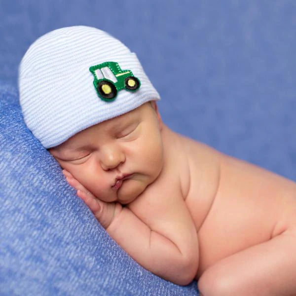 Newborn Hat - Blue & White Striped with Tractor