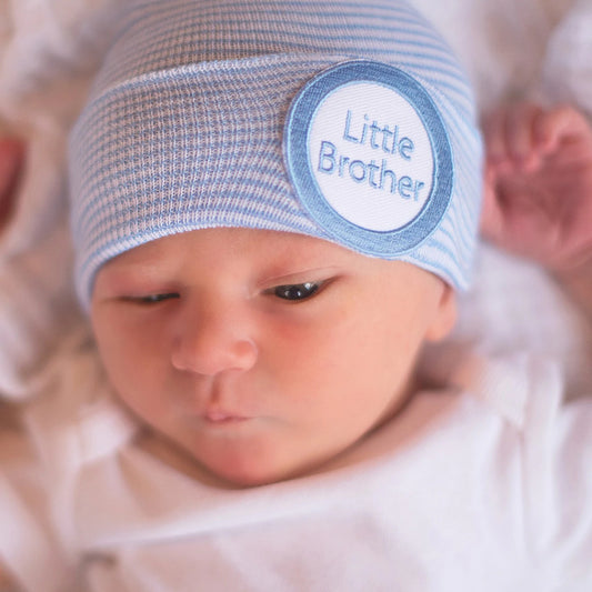 Newborn Hat - Striped Blue & White Little Brother