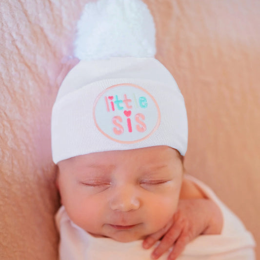 Newborn Hat - White Little Sis with Pom Pom