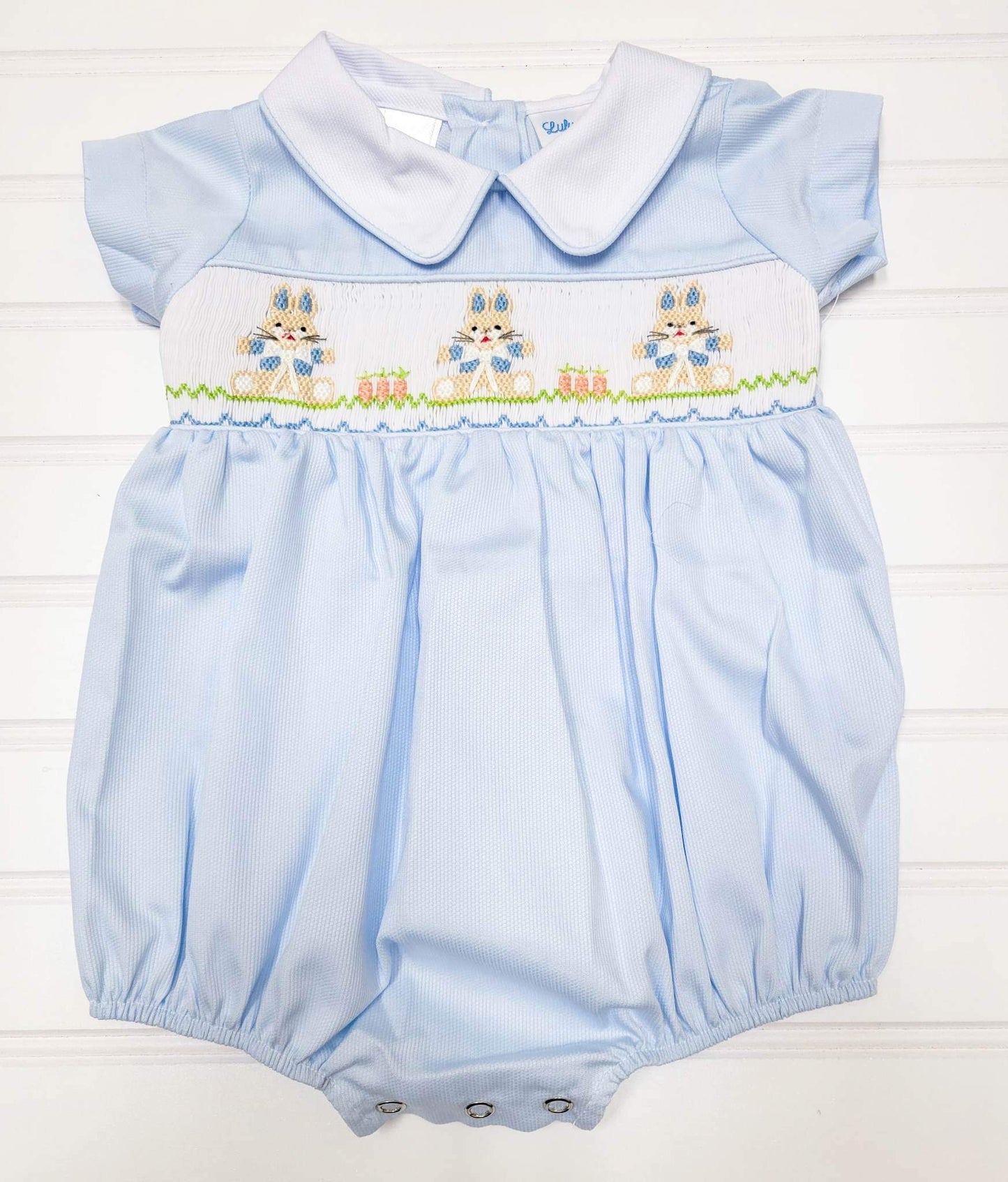 Smocked Collared Bubble - Blue w/Bunnies